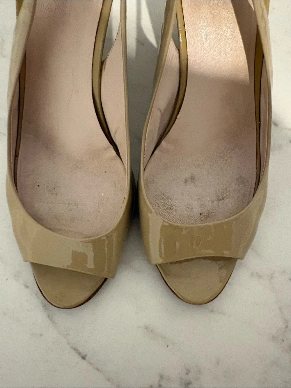 Miu Miu Tan Beige Peep Toe Wedge Slingback Heels
